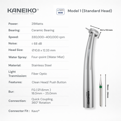 Kaneiko Model 1 standard-head high-speed dental handpiece with fibre-optic illumination, ceramic bearing, four-point water spray and FG bur compatibility.