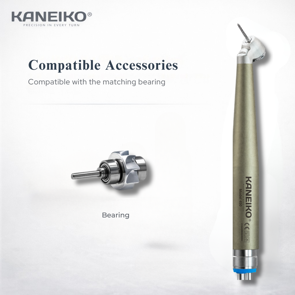 Kaneiko Model 450 high-speed dental handpiece shown with its compatible replacement turbine bearing cartridge.
