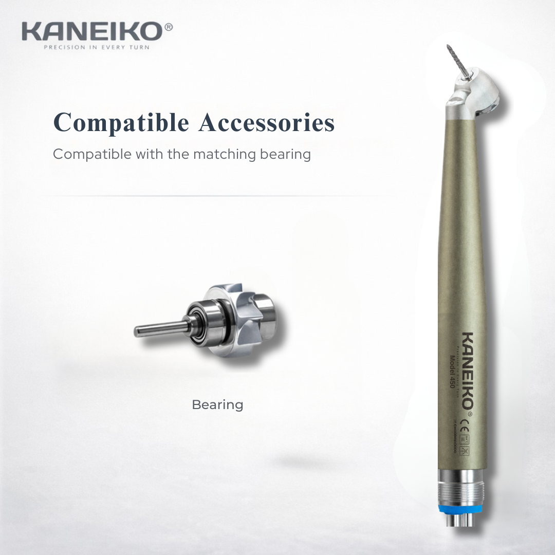 Kaneiko Model 450 high-speed dental handpiece shown with its compatible replacement turbine bearing cartridge.