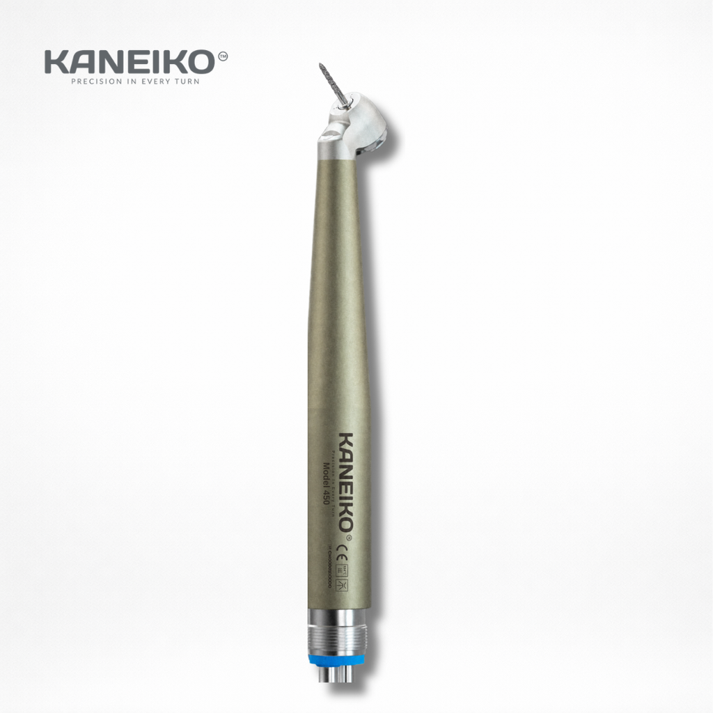Kaneiko Model 450 45-degree high speed dental handpiece with angled surgical head and FG bur compatibility on a clean white background.
