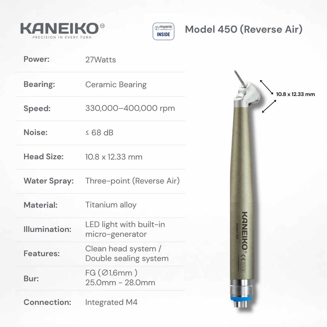 Kaneiko Model 450 45-degree reverse-air surgical high-speed handpiece with LED illumination, three-point water spray and long FG bur compatibility.