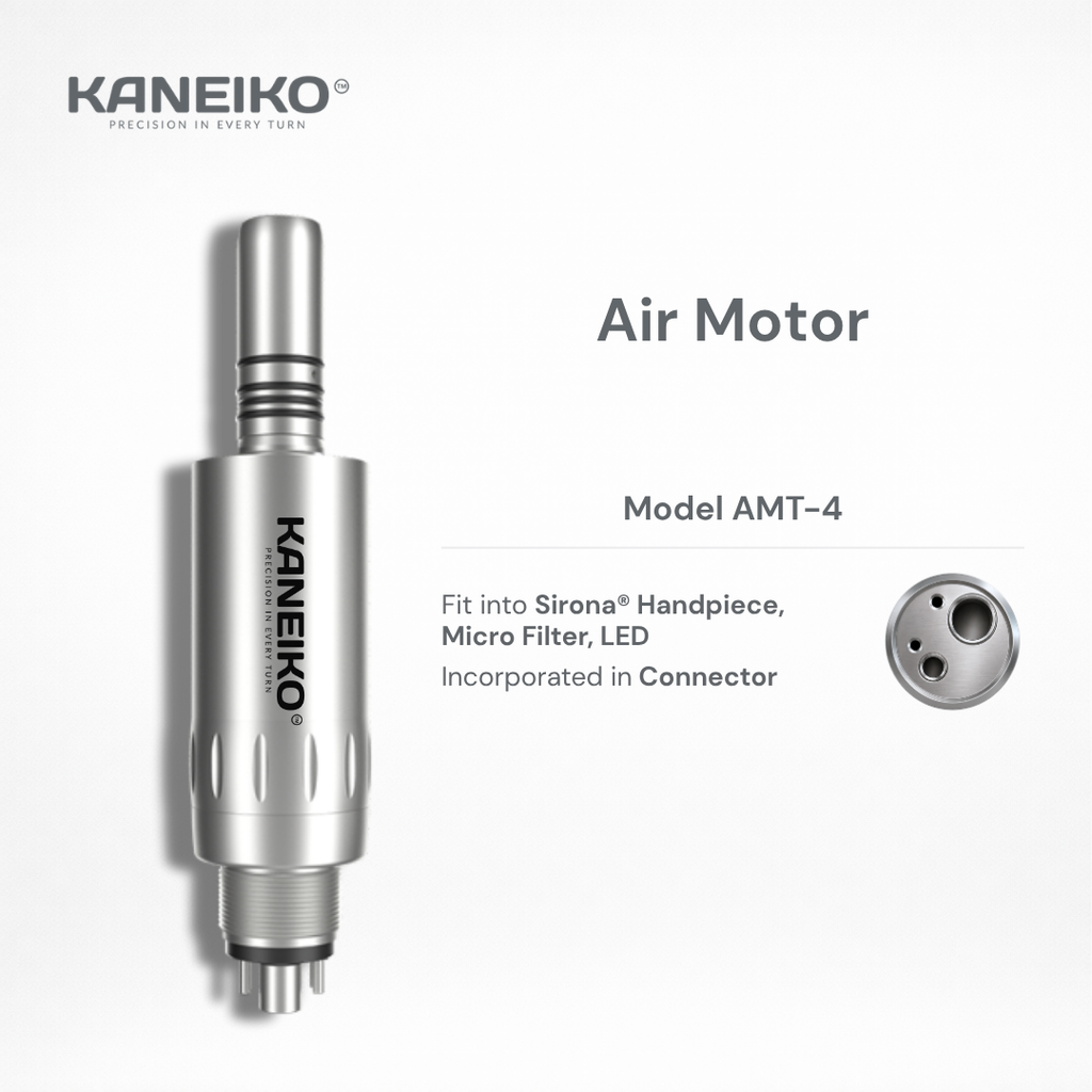 Kaneiko AMT-4 dental air motor for compatible Sirona handpieces with stainless steel body, microfilter and LED incorporated in the connector.