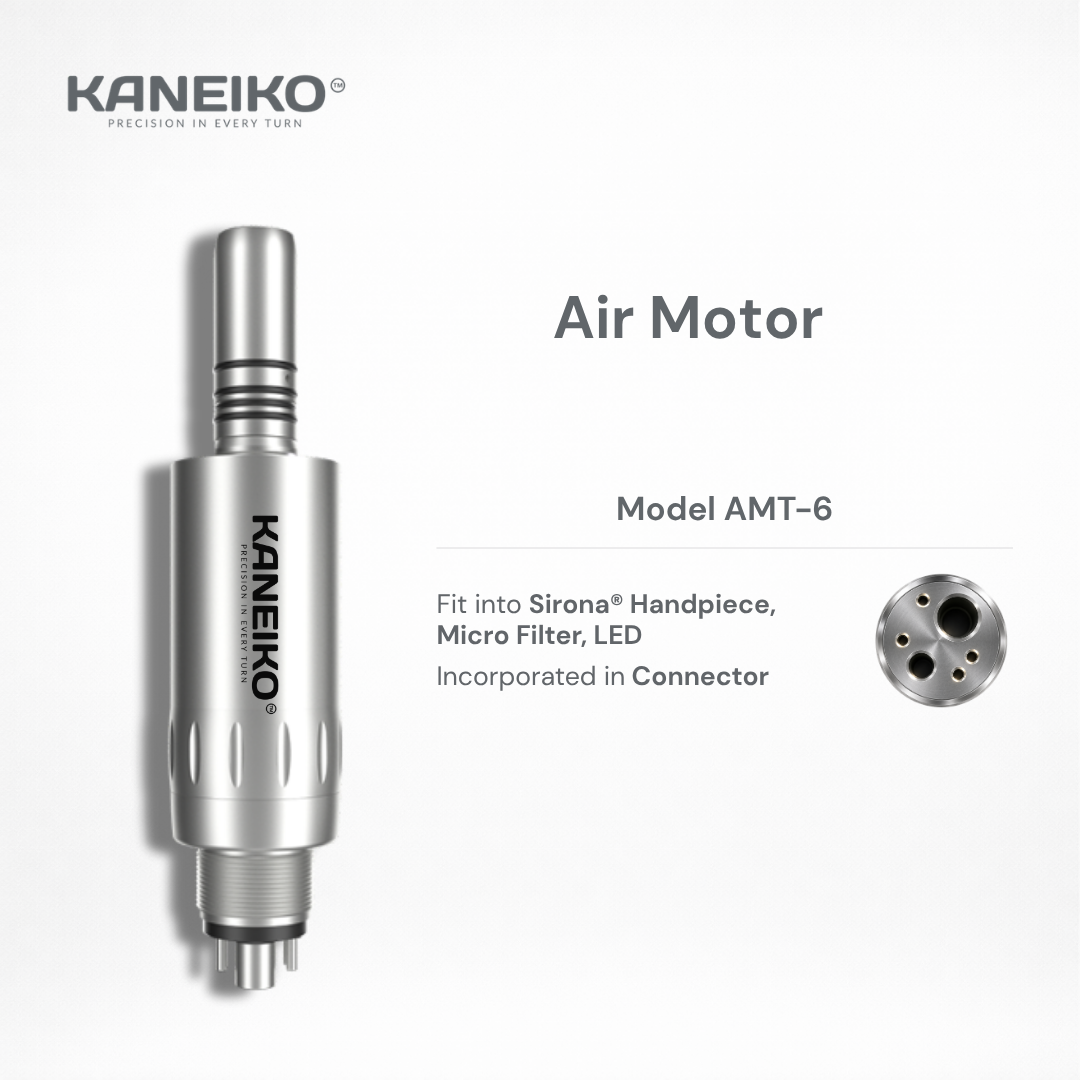 Kaneiko AMT-6 dental air motor for compatible Sirona handpieces with stainless steel body, microfilter and integrated LED connector system.