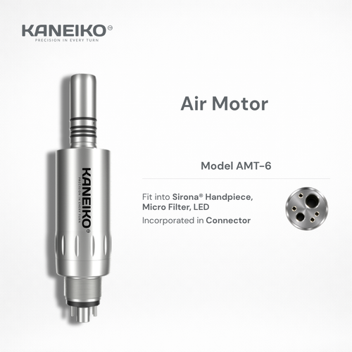 Kaneiko AMT-6 dental air motor for compatible Sirona handpieces with stainless steel body, microfilter and integrated LED connector system.