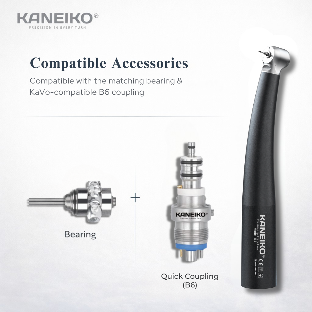 Kaneiko Model B2 pediatric high-speed dental handpiece with compatible turbine bearing and Bien-Air compatible B6 quick coupling.