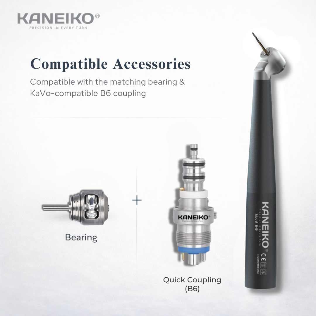 Kaneiko Model B45 45-degree high-speed surgical handpiece with compatible turbine bearing and Bien-Air compatible B6 quick coupling.
