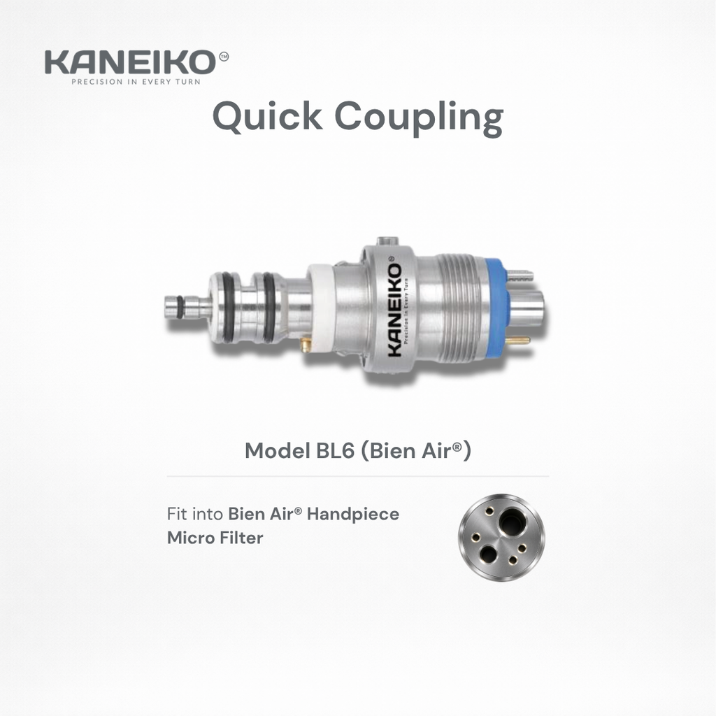 Kaneiko BL6 dental quick coupling for compatible Bien-Air handpieces with microfilter, secure connection and streamlined metallic construction.