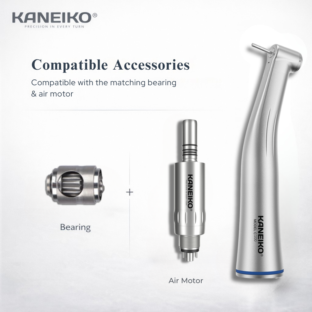 Kaneiko Model C100 low-speed contra-angle handpiece displayed with its compatible bearing cartridge and matching air motor.