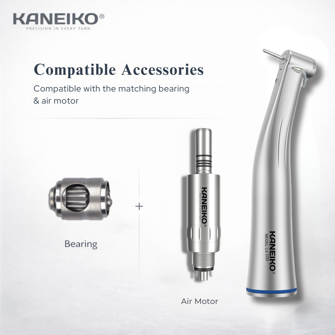 Kaneiko Model CX100 low-speed contra-angle handpiece with compatible bearing cartridge and matching dental air motor.