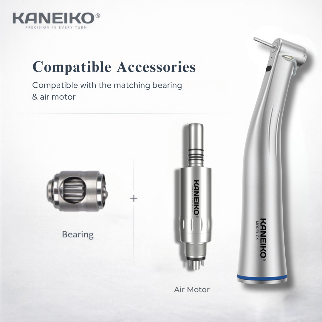 Kaneiko Model CX contra-angle dental handpiece shown with its compatible bearing cartridge and low-speed air motor.