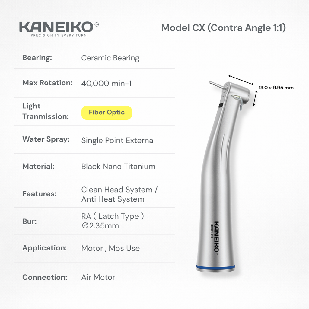 Kaneiko Model CX 1:1 fibre-optic low-speed contra-angle handpiece with external water spray, ceramic bearing and Ø2.35 mm RA bur compatibility.