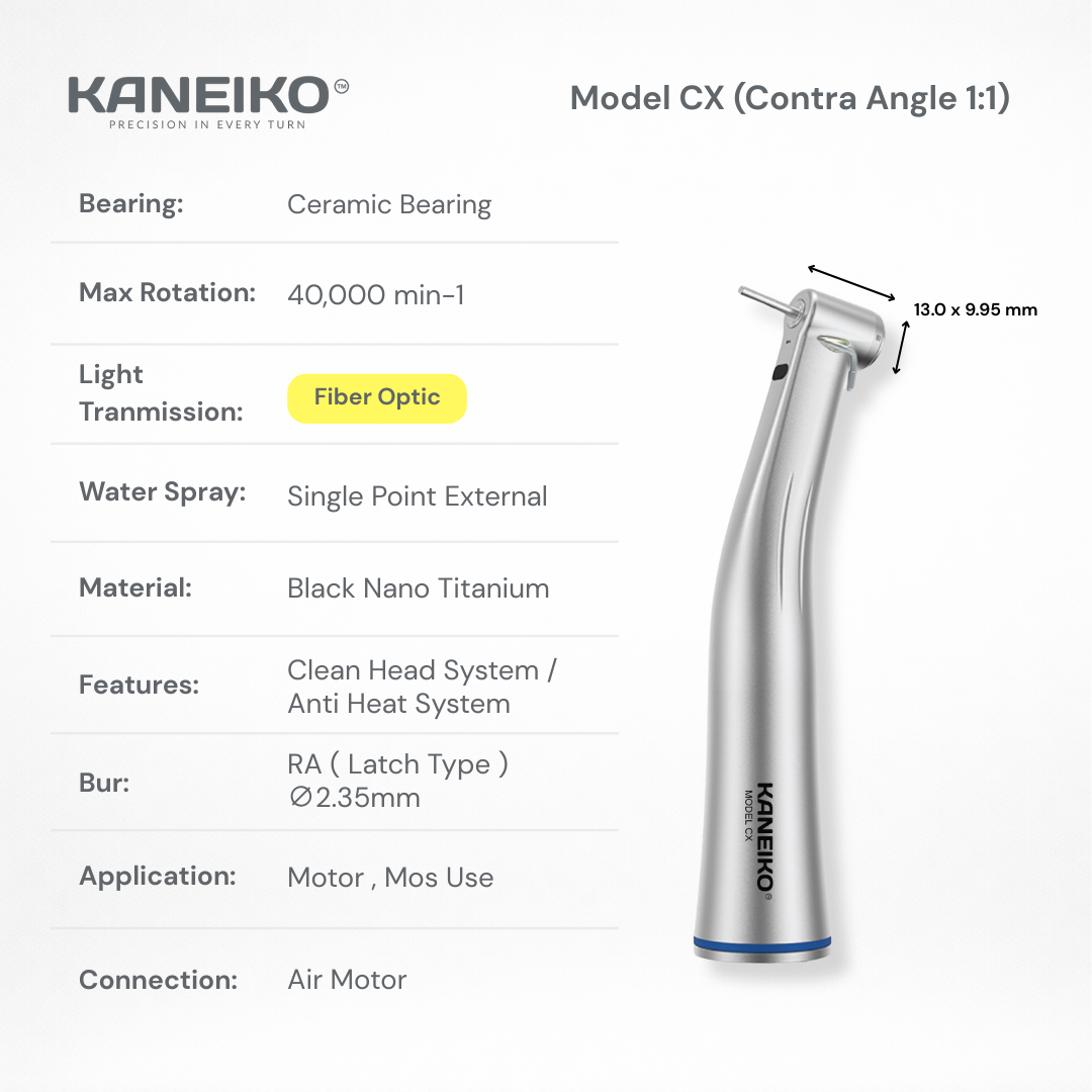 Kaneiko Model CX 1:1 fibre-optic low-speed contra-angle handpiece with external water spray, ceramic bearing and Ø2.35 mm RA bur compatibility.