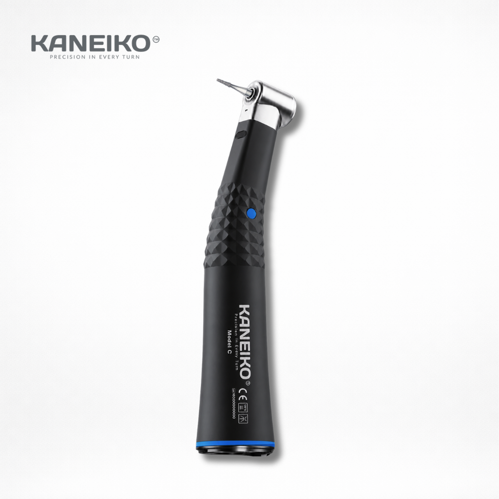 Kaneiko Model C 1:1 low-speed RA latch-type contra-angle handpiece for caries removal, composite finishing, margin refinement and endodontic access preparation.