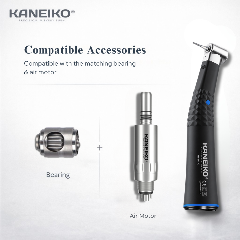 Kaneiko Model C 1:1 contra-angle handpiece with compatible replacement bearing and low-speed dental air motor.