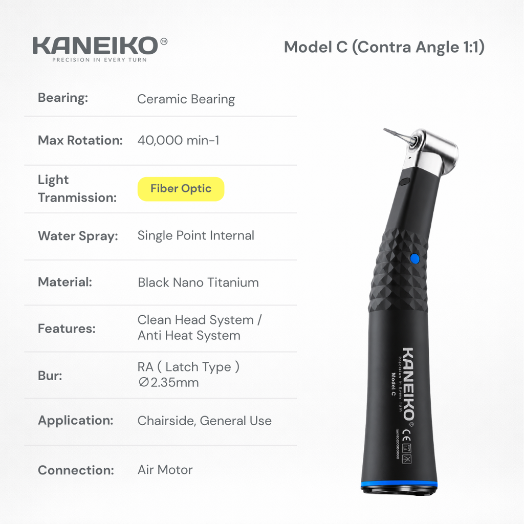 Kaneiko Model C 1:1 low-speed contra-angle handpiece with fibre optics, internal water spray, ceramic bearing and Ø2.35 mm RA bur compatibility.