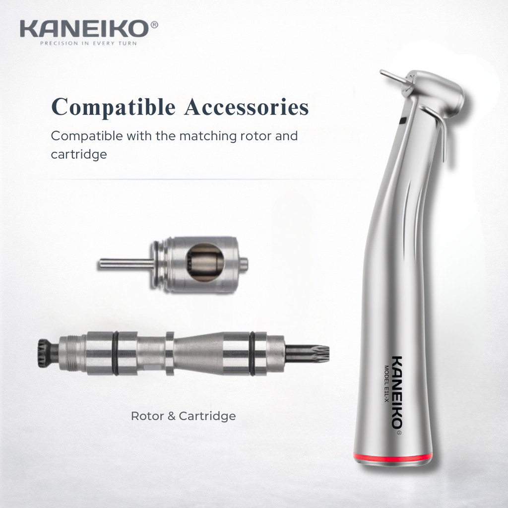 Kaneiko Model E1L-X electric contra-angle handpiece displayed with its compatible replacement rotor and cartridge assembly.