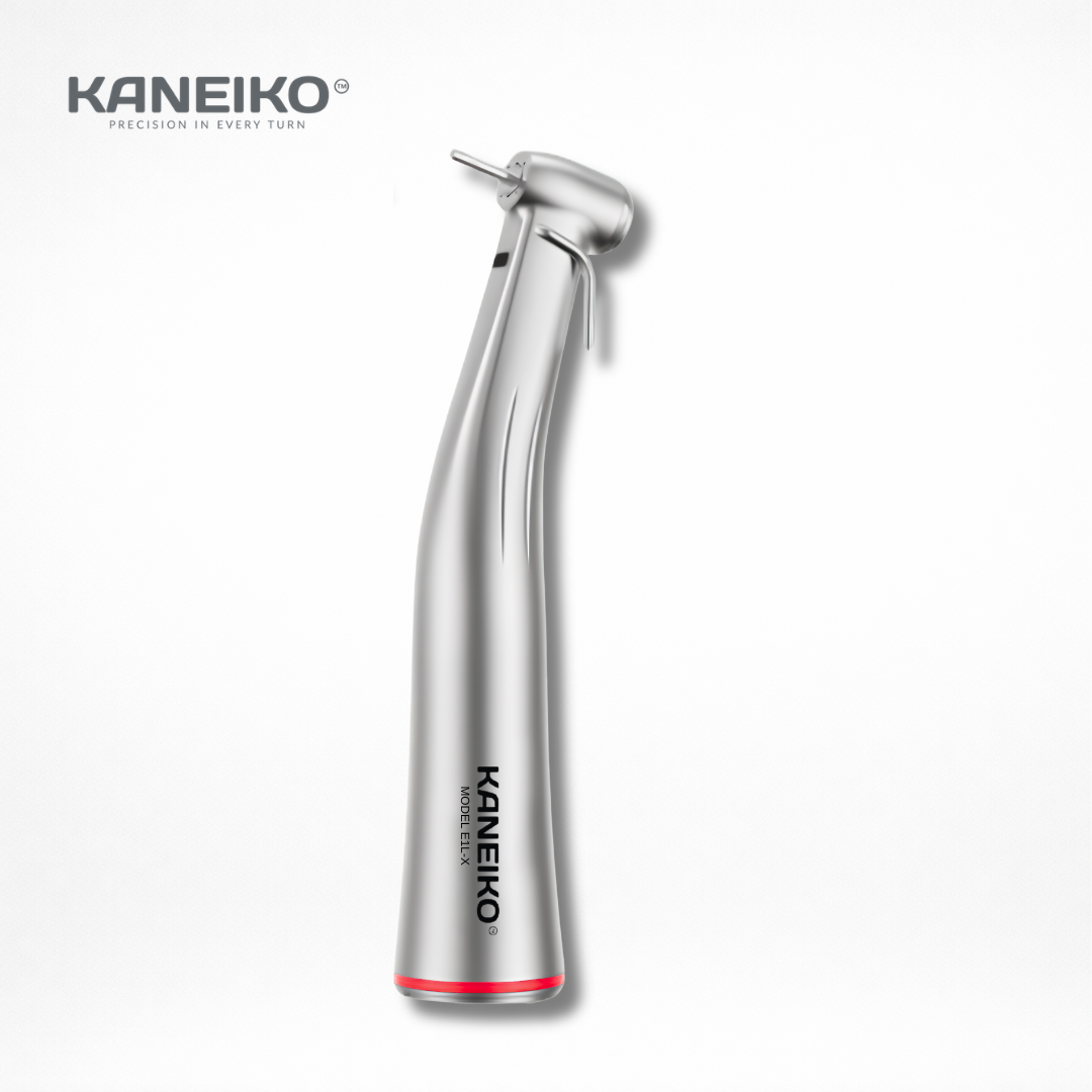 Kaneiko EB1L 1:5 electric speed-increasing friction-grip contra-angle handpiece with external water spray for crown preparation, cavity preparation and restoration removal.