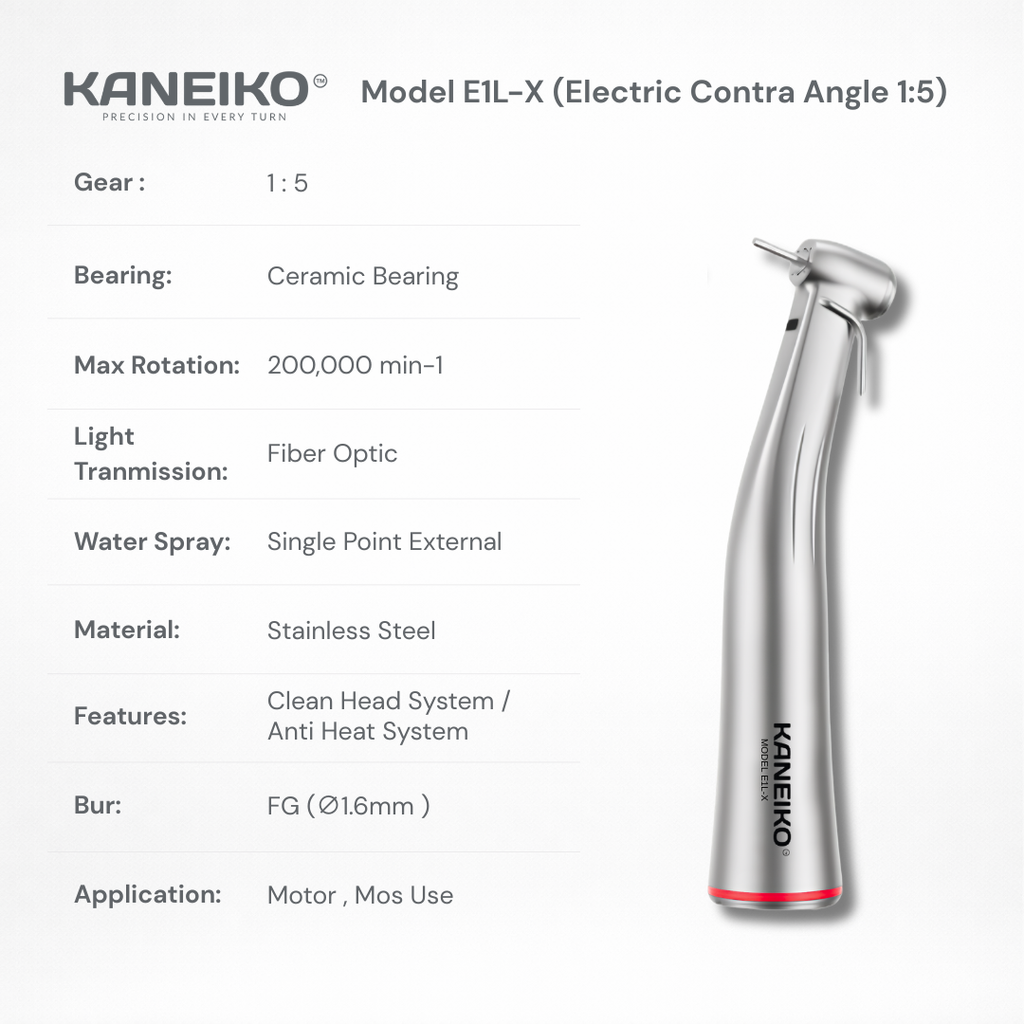 Kaneiko Model E1L-X 1:5 electric contra-angle handpiece with stainless steel body, fibre optics and single-point external water spray for FG burs.