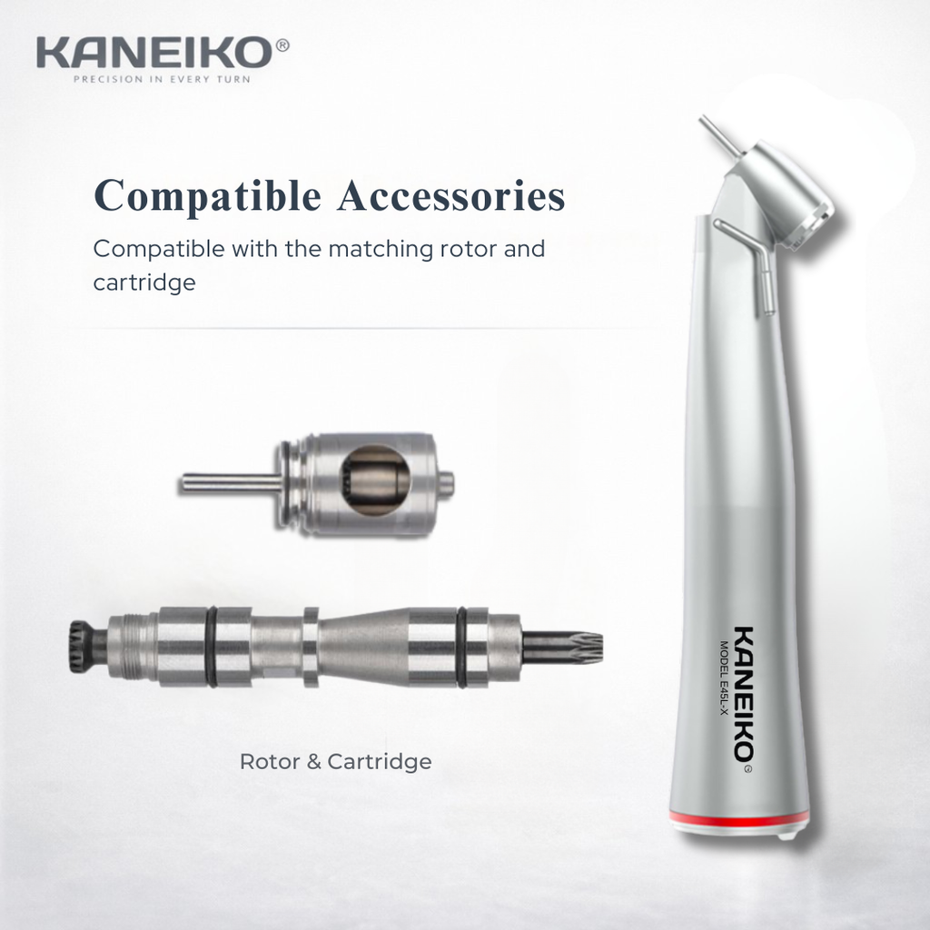 Kaneiko Model E45L-X 45-degree surgical contra-angle handpiece shown with its compatible replacement rotor and cartridge assembly.