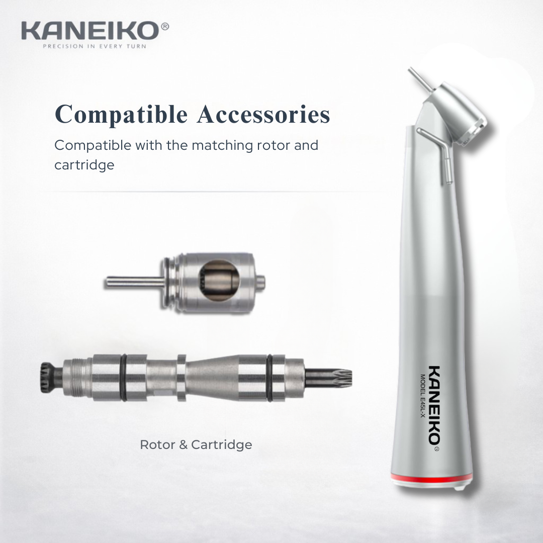 Kaneiko Model E45L-X 45-degree surgical contra-angle handpiece shown with its compatible replacement rotor and cartridge assembly.