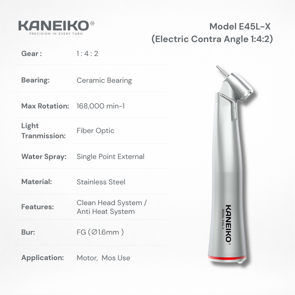 Kaneiko Model E45L-X 1:4:2 surgical electric contra-angle handpiece with 45-degree head, fibre optics and single-point external water spray.