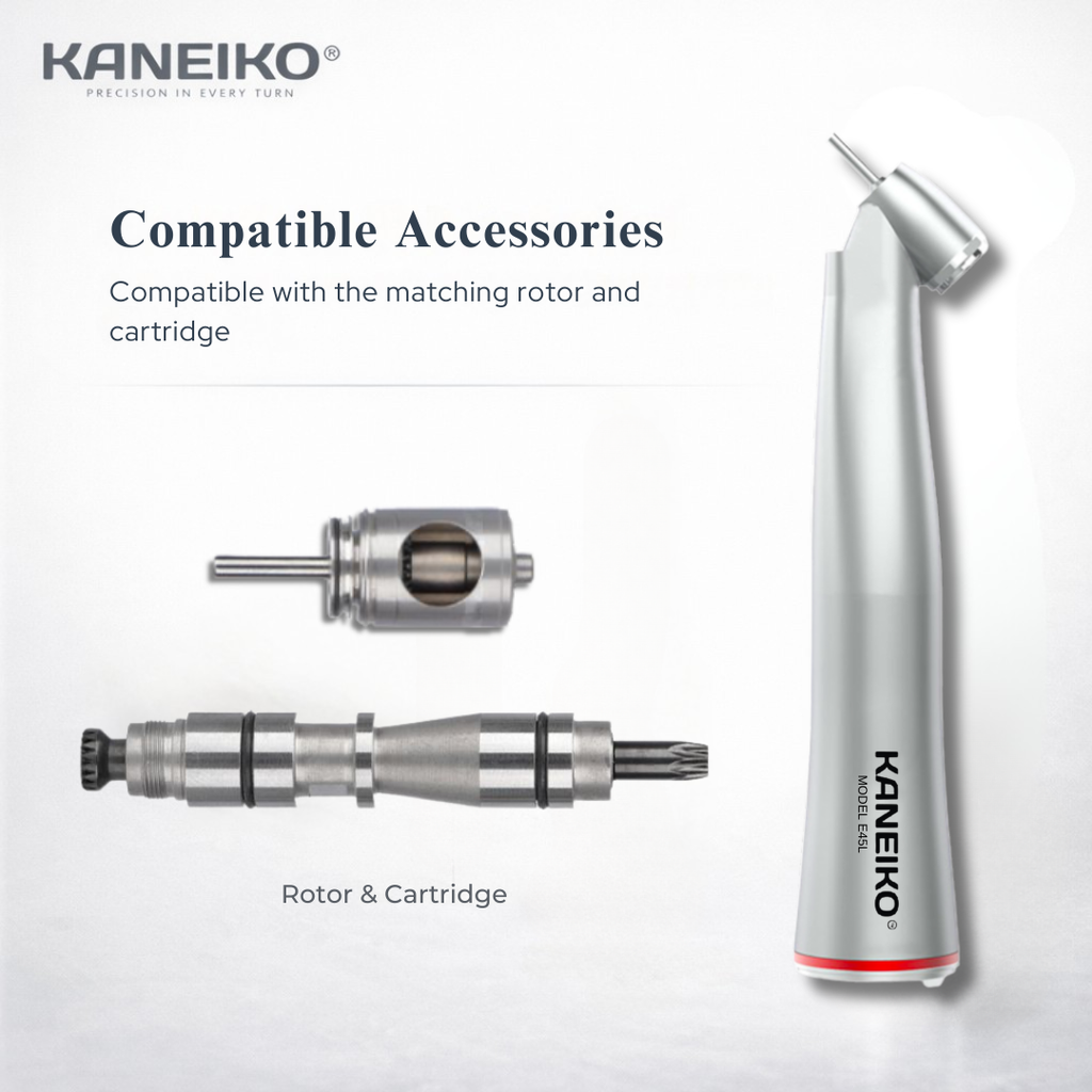 Kaneiko Model E45L surgical dental handpiece with matching rotor and cartridge components for compatible replacement and maintenance.