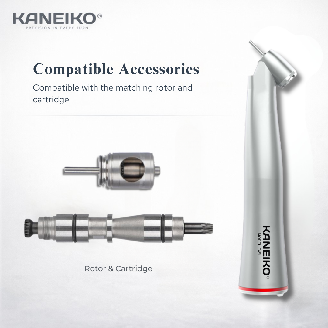 Kaneiko Model E45L surgical dental handpiece with matching rotor and cartridge components for compatible replacement and maintenance.