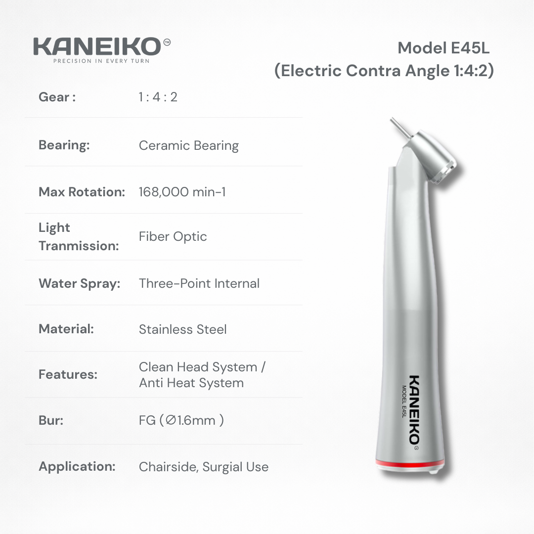 Kaneiko Model E45L 1:4:2 45-degree surgical electric contra-angle handpiece with fibre optics, internal water spray and Ø1.6 mm FG bur compatibility.