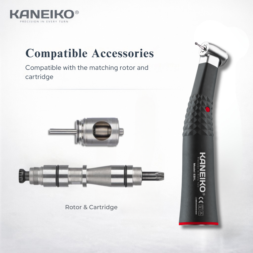 Kaneiko Model EB1L speed-increasing 1:5 electric contra-angle handpiece with matching replacement rotor and cartridge for maintenance and servicing.