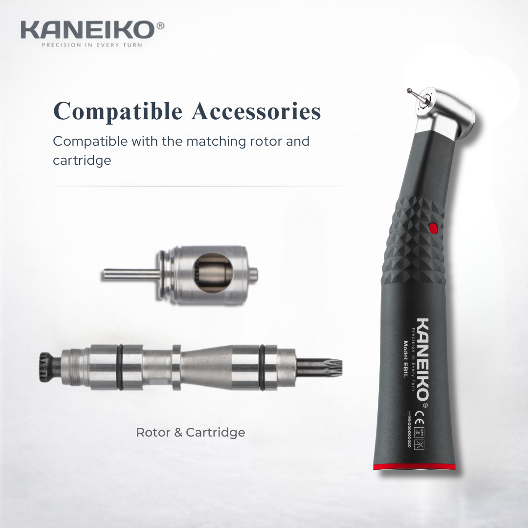 Kaneiko Model EB1L speed-increasing 1:5 electric contra-angle handpiece with matching replacement rotor and cartridge for maintenance and servicing.