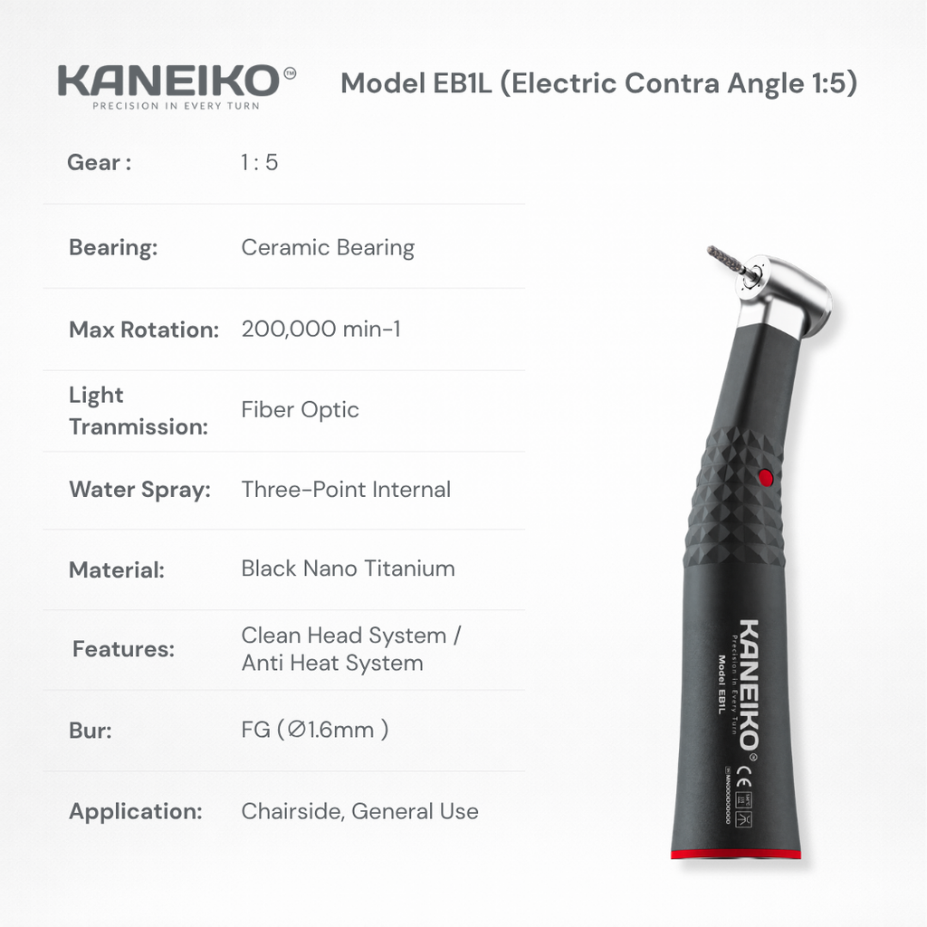 Kaneiko Model EB1L 1:5 speed-increasing electric contra-angle handpiece with fibre optics, three-point internal water spray and Ø1.6 mm FG burs.
