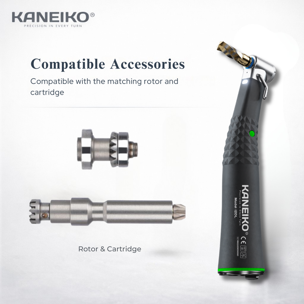 Kaneiko Model I20L 20:1 implant contra-angle handpiece displayed with its compatible replacement rotor and cartridge components.