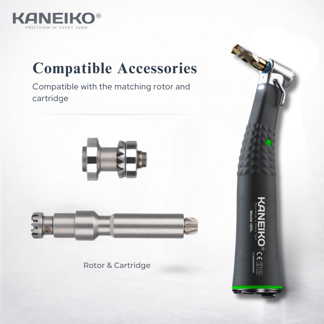 Kaneiko Model I20L 20:1 implant contra-angle handpiece displayed with its compatible replacement rotor and cartridge components.