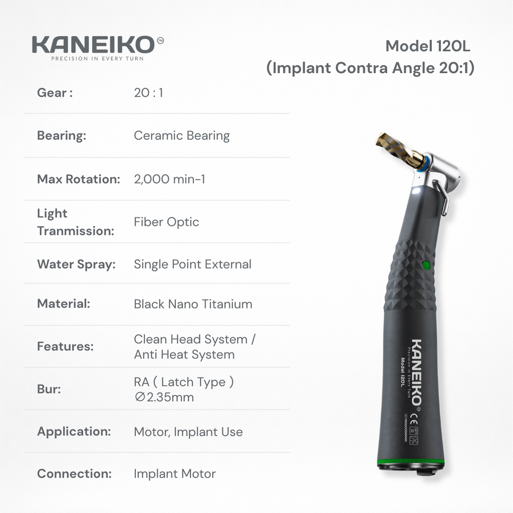 Kaneiko Model I20L 20:1 implant surgical contra-angle handpiece with fibre optics, ceramic bearing, external irrigation and Ø2.35 mm RA bur compatibility.