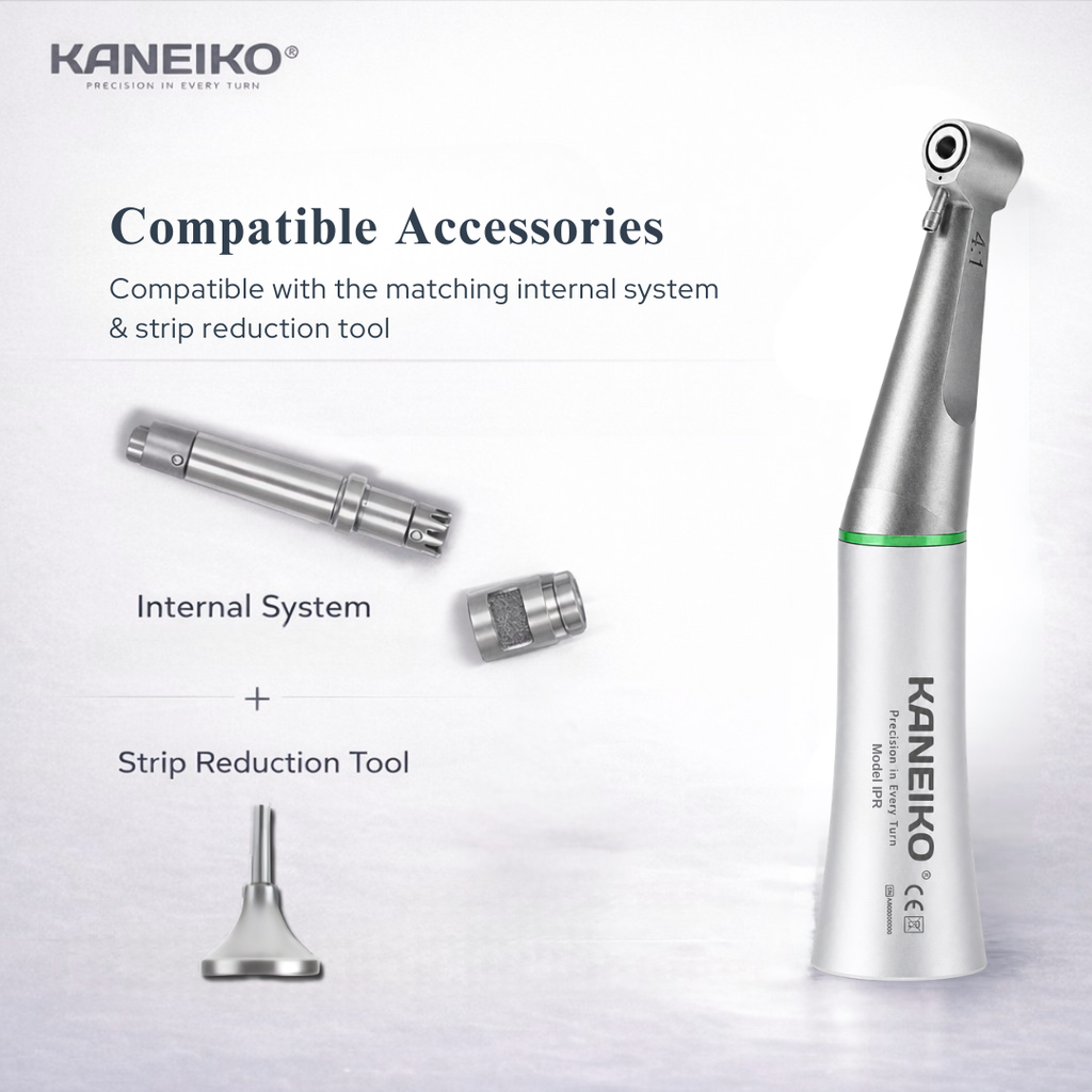 Kaneiko Model IPR dental handpiece with compatible internal system and strip reduction tool for controlled interproximal enamel reduction procedures.