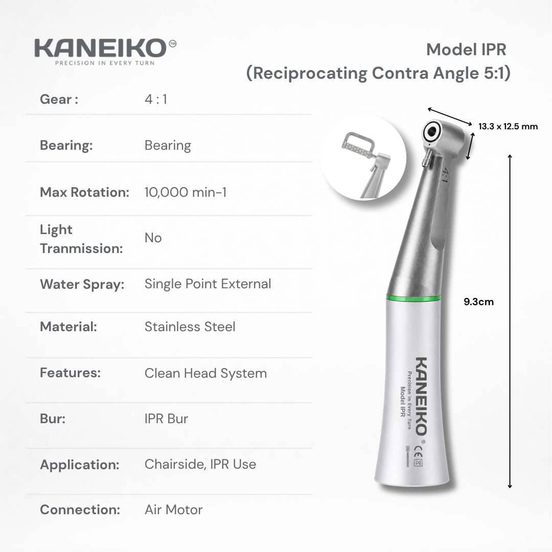 Kaneiko reciprocating IPR contra-angle handpiece with external water spray, stainless steel body and compatible interproximal reduction strip attachment.