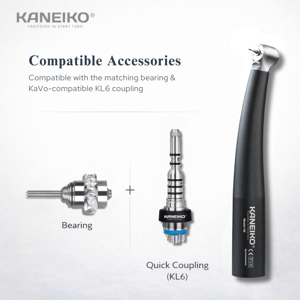 Kaneiko Model K2 pediatric high-speed dental handpiece with compatible turbine bearing and KaVo-compatible KL6 quick coupling.