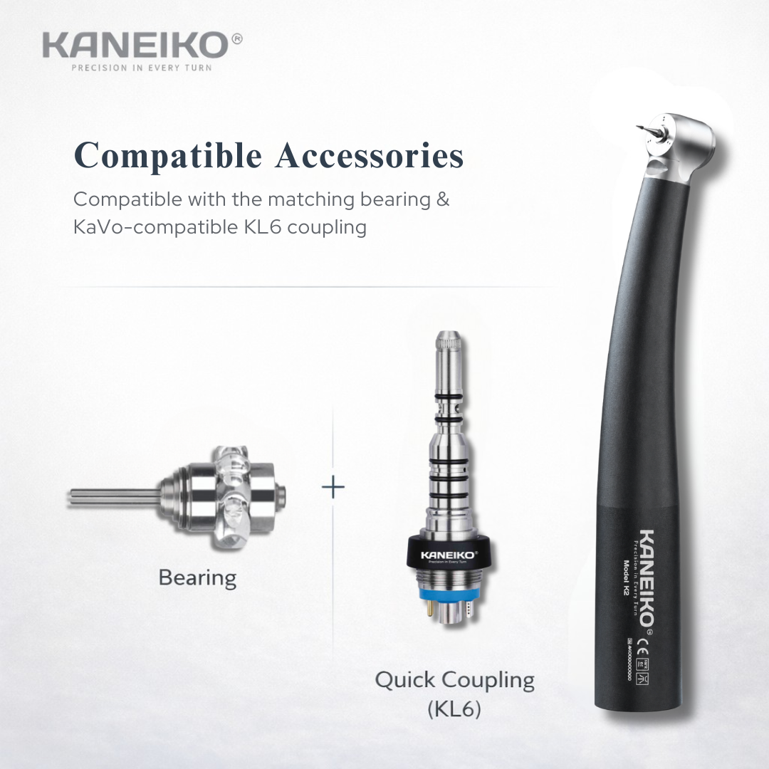Kaneiko Model K2 pediatric high-speed dental handpiece with compatible turbine bearing and KaVo-compatible KL6 quick coupling.