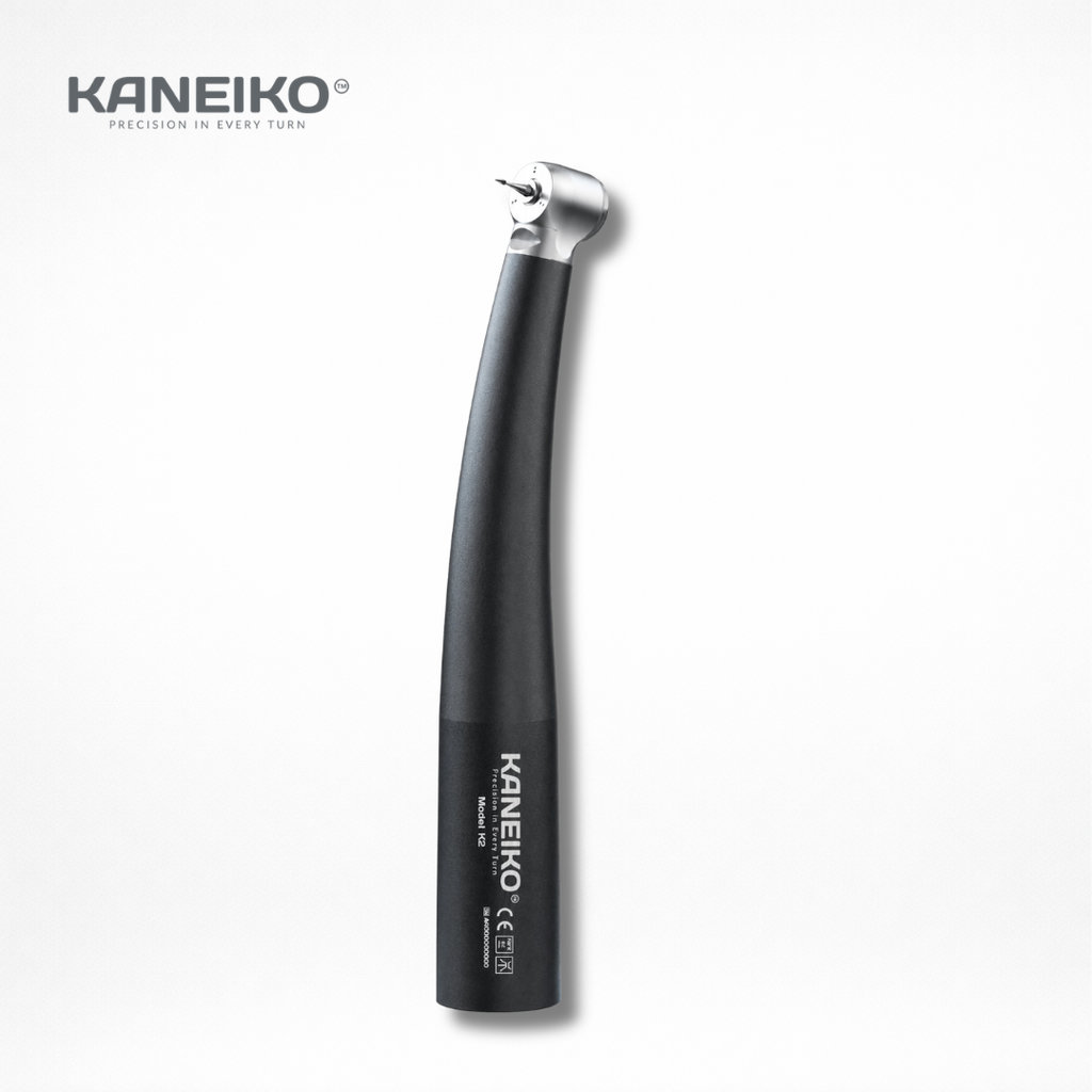 Kaneiko Model K2 Pead Head high-speed dental handpiece with super-mini head, fibre-optic illumination and FG bur compatibility for paediatric and posterior access.