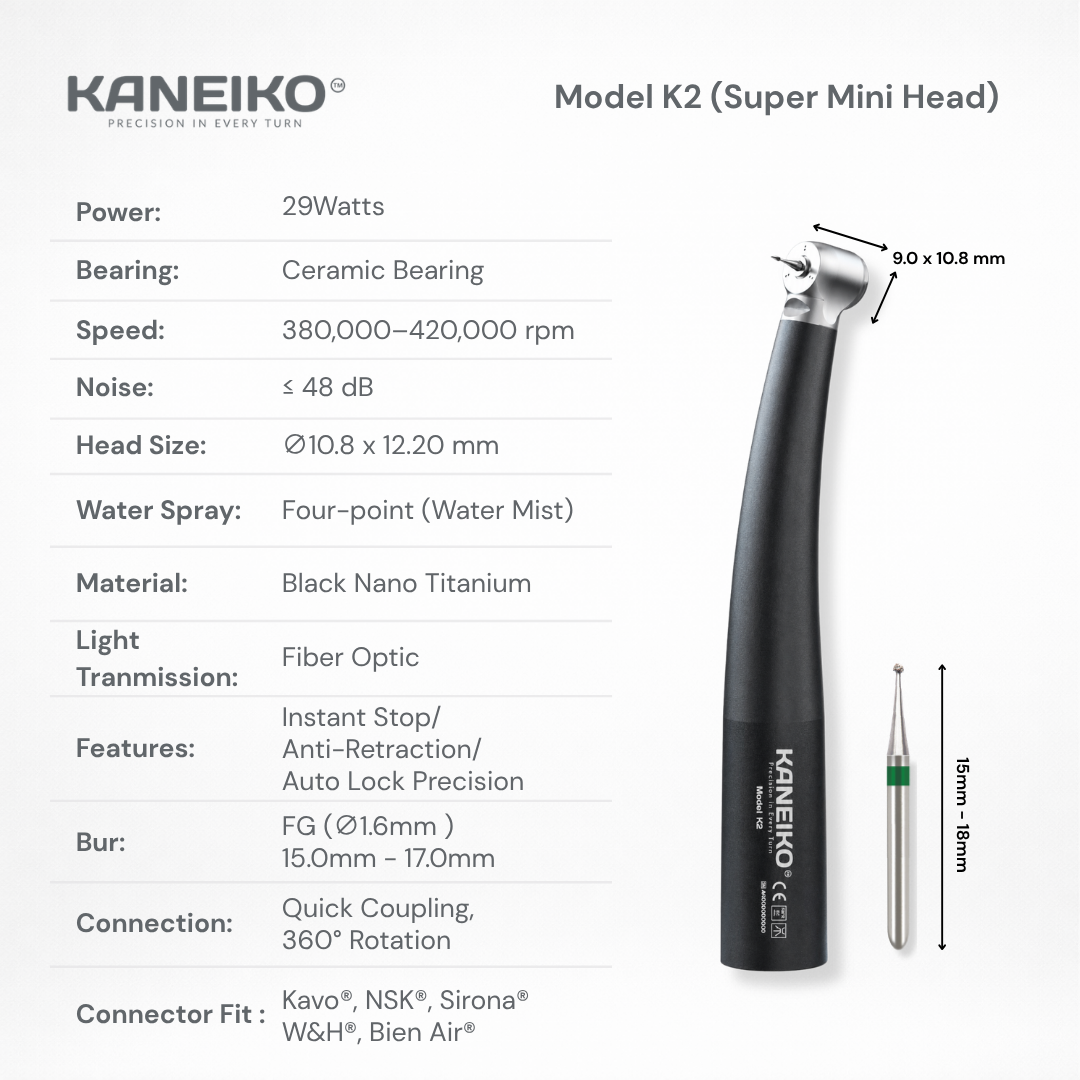 Kaneiko Model K2 super-mini-head high-speed dental handpiece with fibre optics, four-point water spray and short Ø1.6 mm FG bur compatibility.