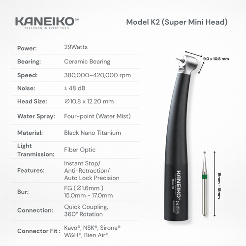 Kaneiko Model K2 super-mini-head high-speed dental handpiece with fibre optics, four-point water spray and short Ø1.6 mm FG bur compatibility.