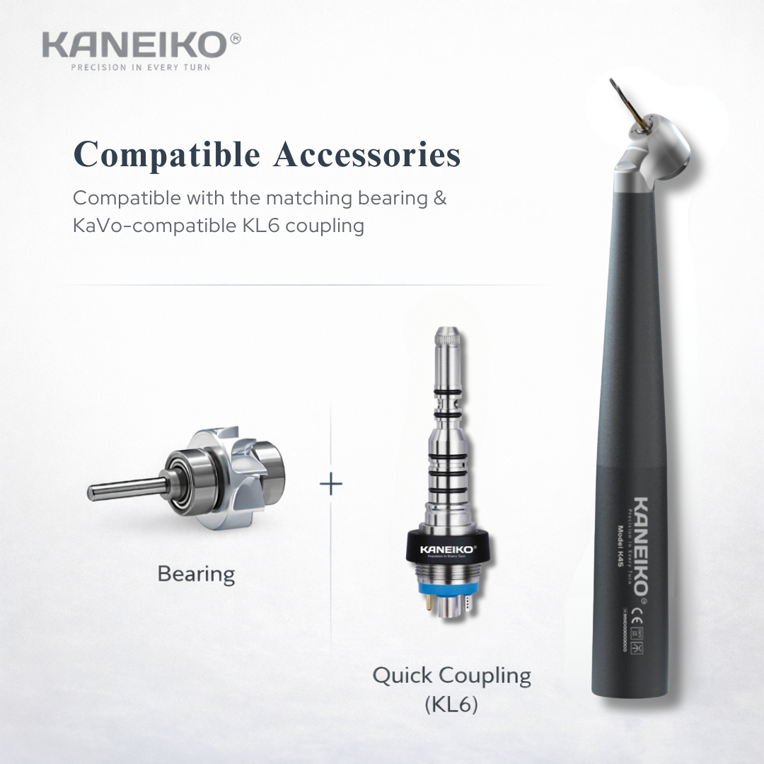 Kaneiko Model K45 45-degree high-speed surgical handpiece with compatible turbine bearing and KaVo-compatible KL6 quick coupling.
