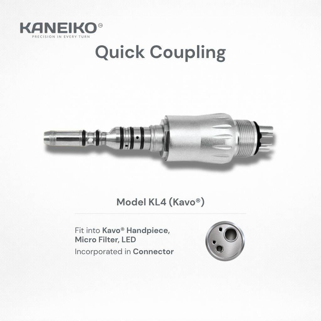 Kaneiko KL4 dental quick coupling for compatible KaVo handpieces with integrated LED, microfilter and four-hole dental unit connection.