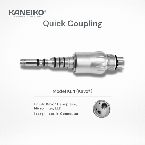 Kaneiko KL4 dental quick coupling for compatible KaVo handpieces with integrated LED, microfilter and four-hole dental unit connection.
