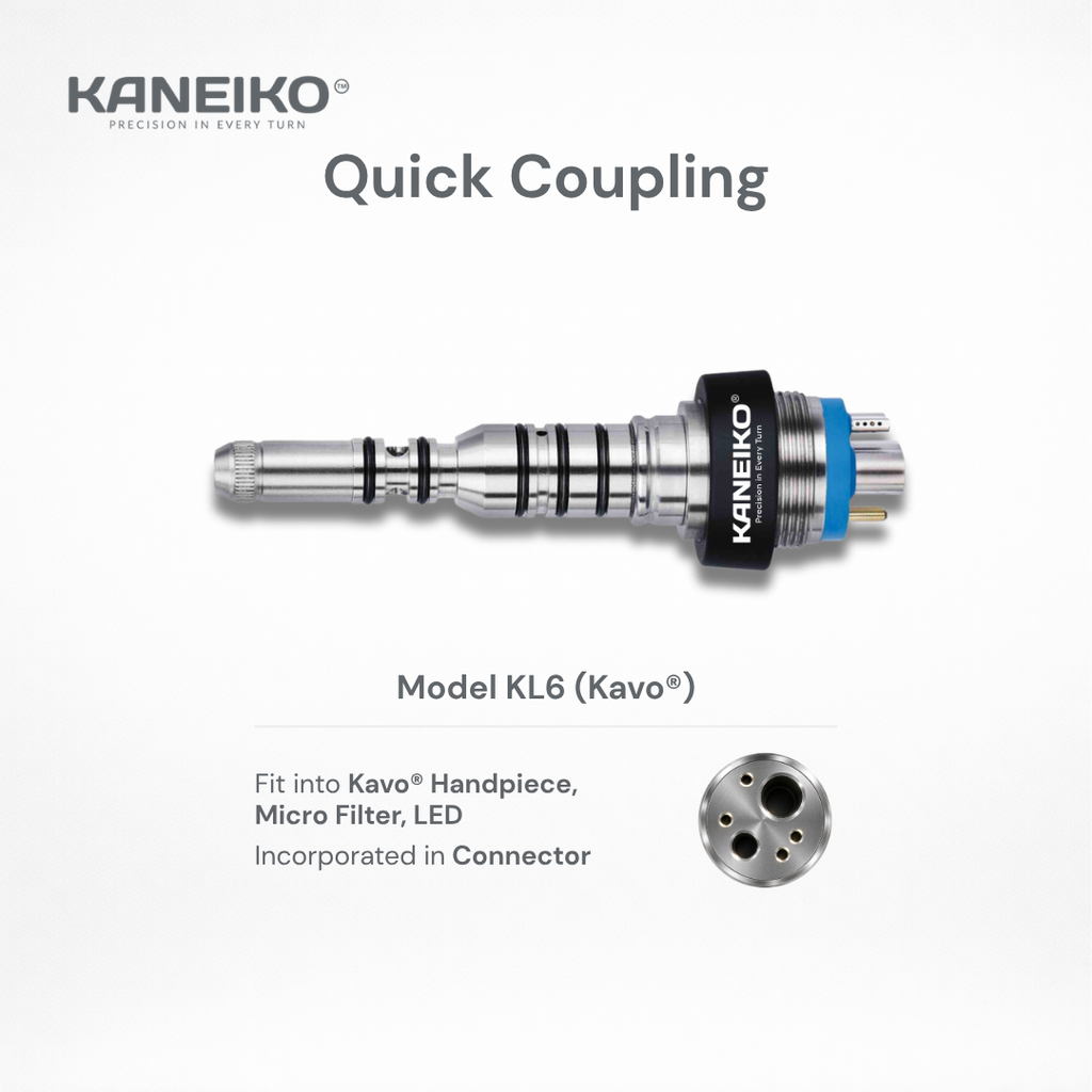 Kaneiko KL6 dental quick coupling for compatible KaVo handpieces with integrated LED, microfilter and six-pin connection configuration.