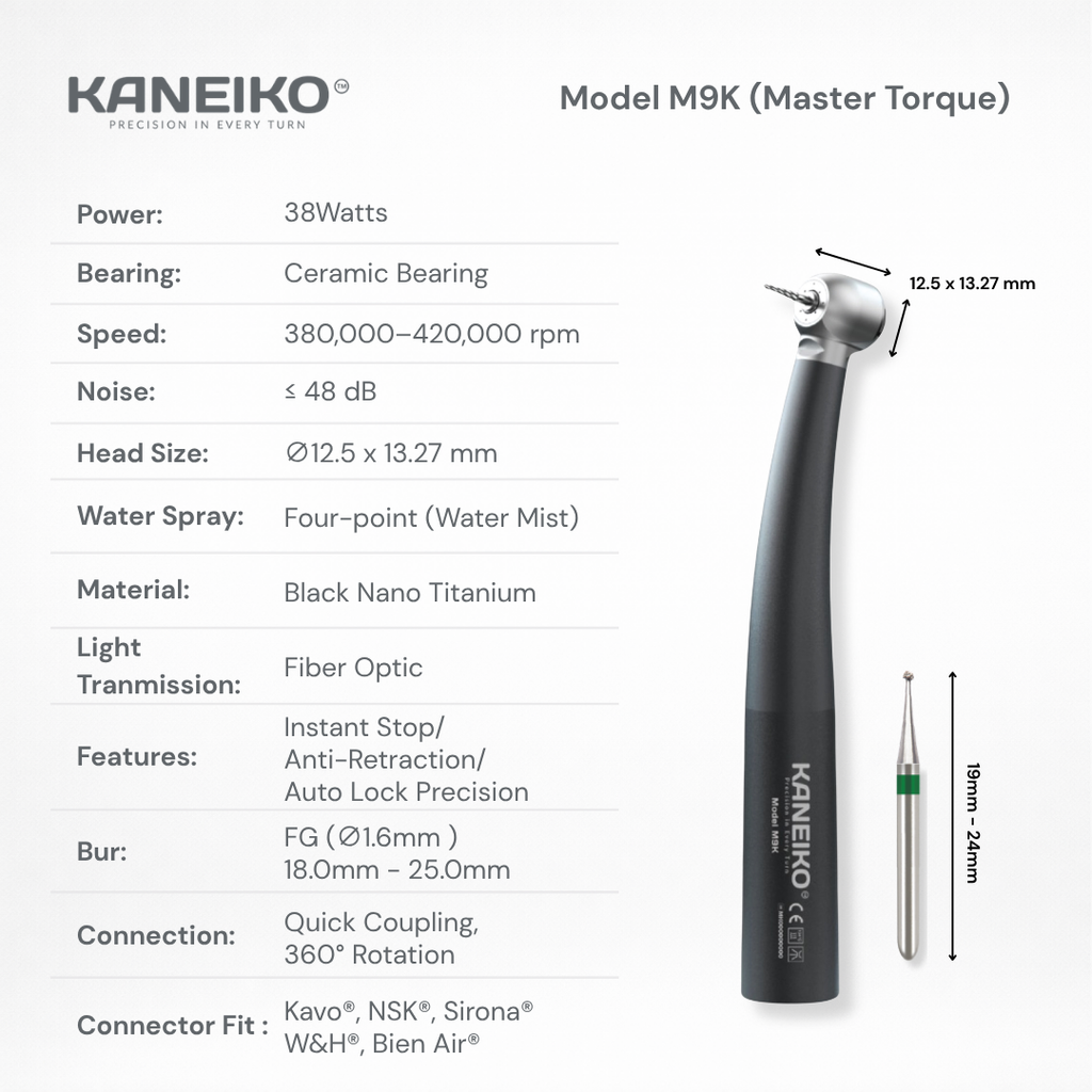 Kaneiko Model M9K Master Torque high-speed dental handpiece with 38-watt power, fibre optics, four-point water spray and FG bur compatibility.