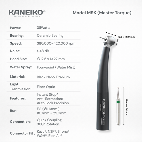 Kaneiko Model M9K Master Torque high-speed dental handpiece with 38-watt power, fibre optics, four-point water spray and FG bur compatibility.