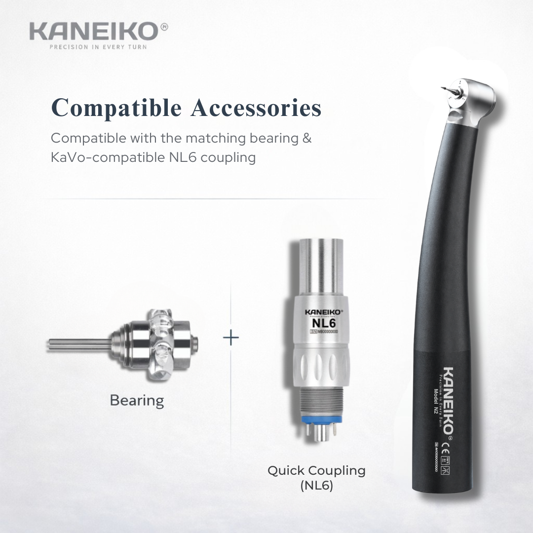 Kaneiko Model N2 pediatric high-speed dental handpiece with compatible turbine bearing and NSK-compatible NL6 quick coupling.