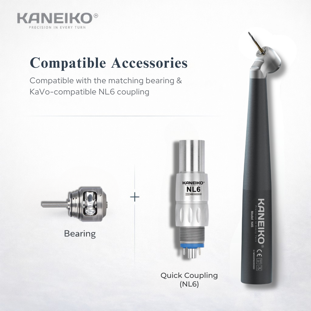 Kaneiko Model N45 45-degree high-speed surgical handpiece with compatible turbine bearing and NSK-compatible NL6 quick coupling.