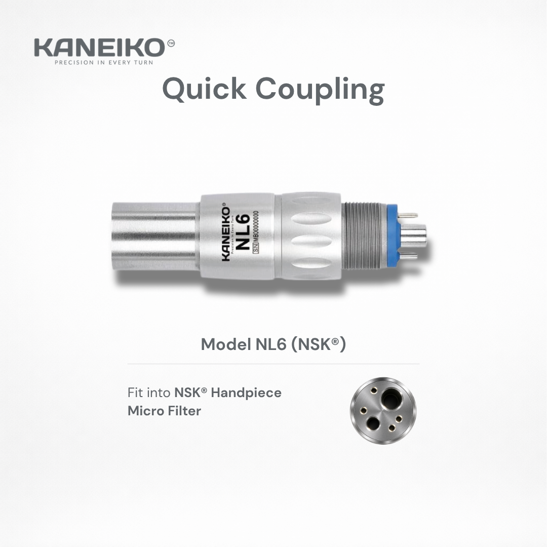 Kaneiko NL6 dental quick coupling for compatible NSK handpieces with microfilter, secure six-pin connection and streamlined stainless steel construction.